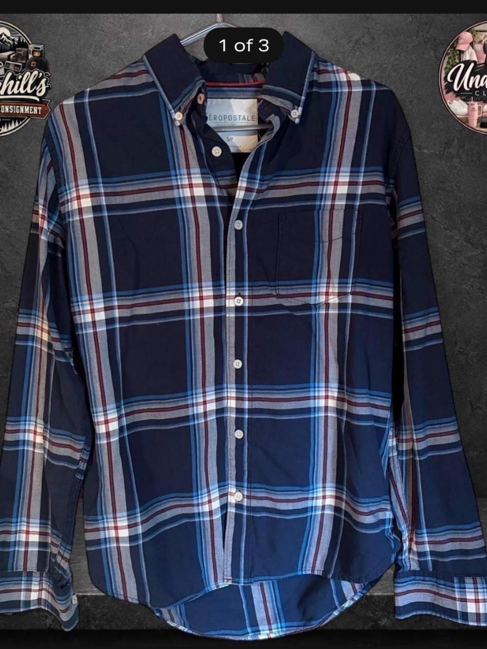 Aeropostale Men’s Navy Blue Plaid Button-Down Shirt